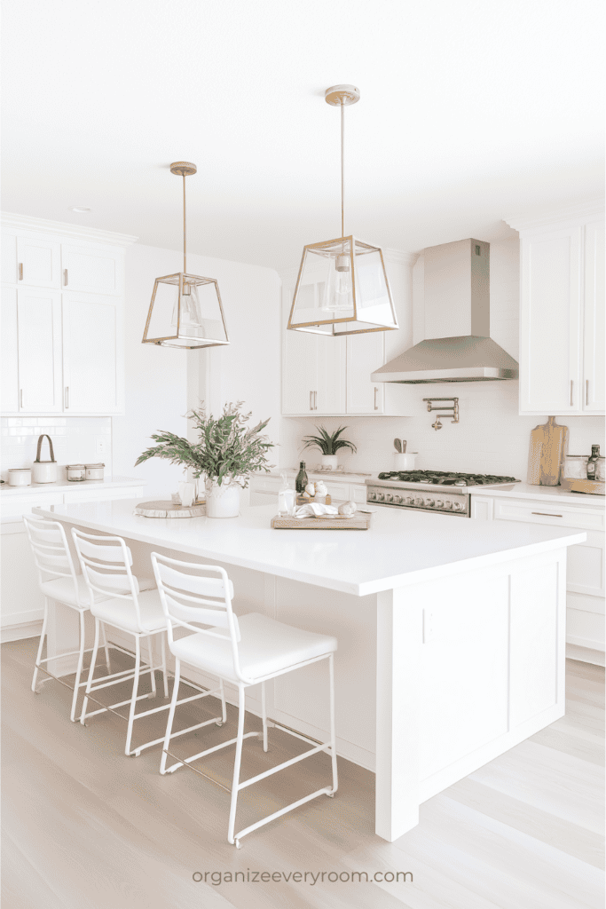 White kitchen with an island, chairs, and stainless steel appliances.