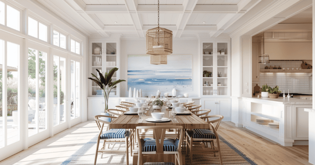 Coastal looking dining room with two built in hutches