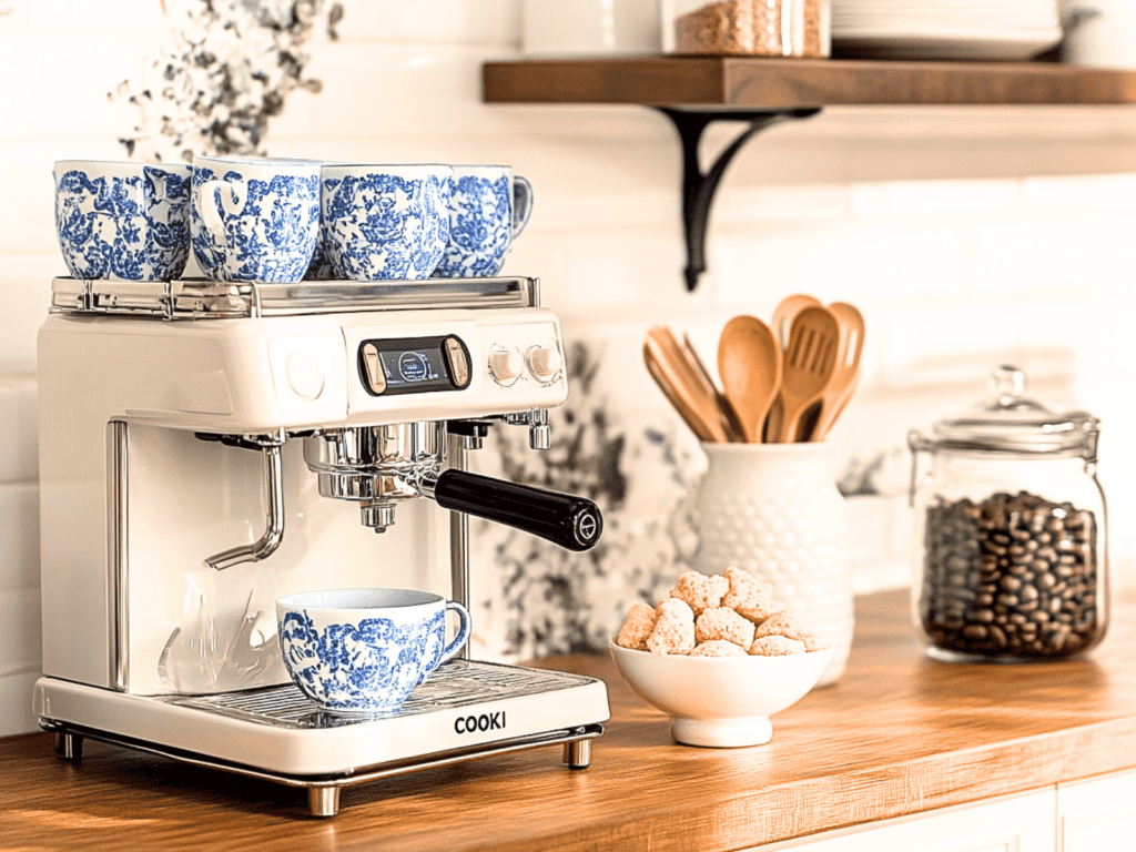 Expresso machine with coffee cups and a bowl of food