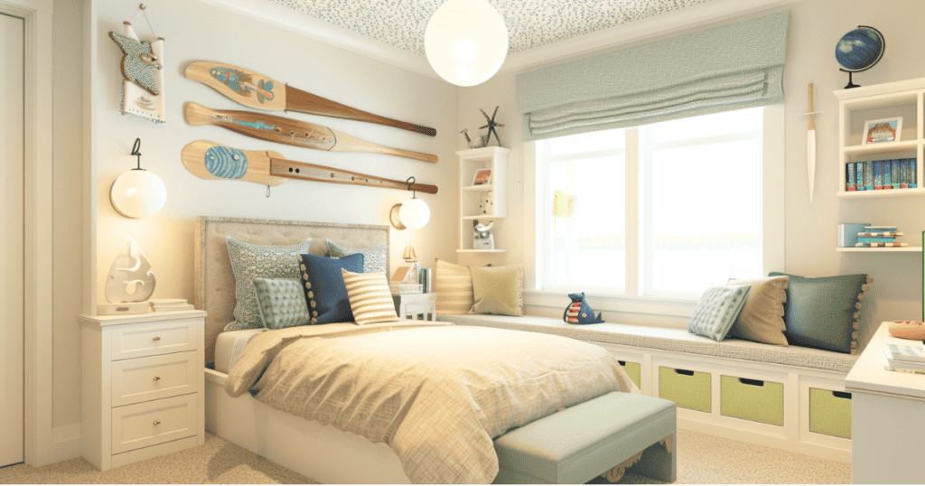 Kids room with organized shelves, a bench and decorations on wall