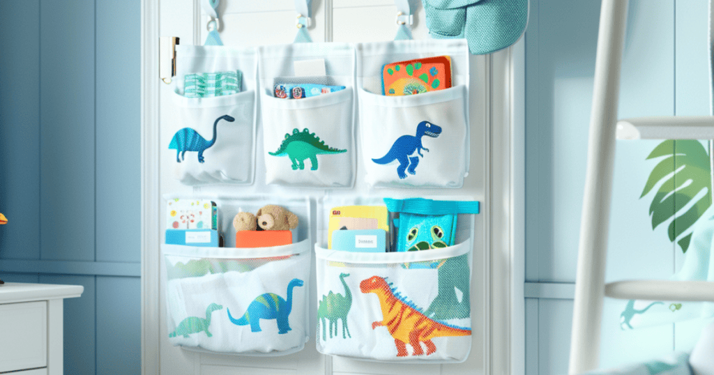 White over the door organizer with dinosaurs on it