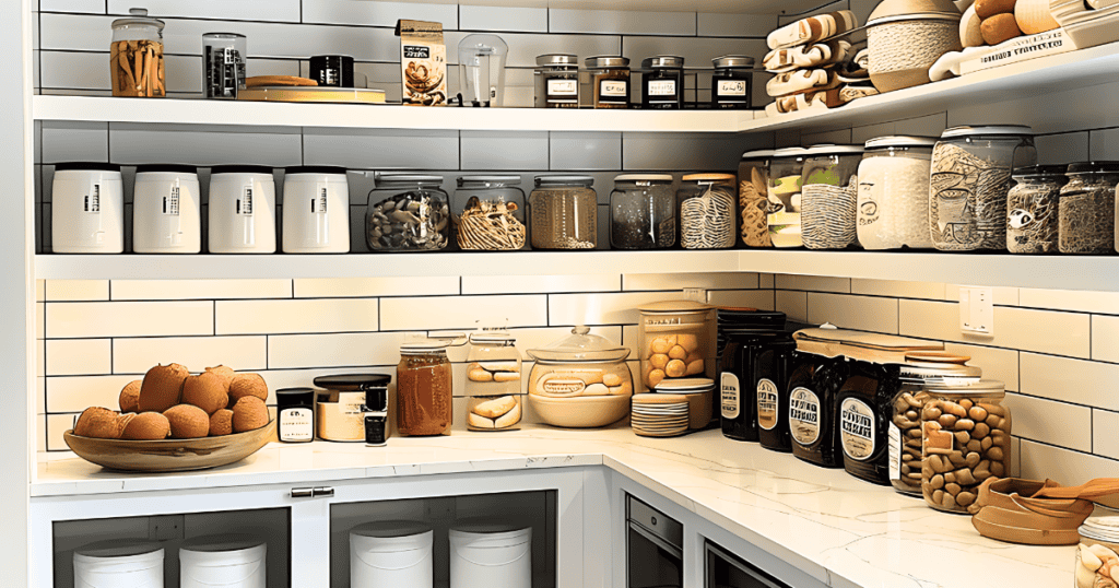 organized kitchen pantry with jars and baskets