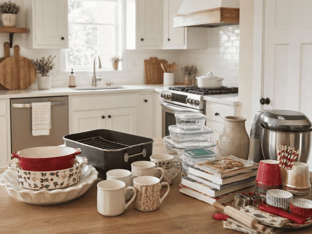 Party supplies, holiday cookware, cookbooks and storage containers sitting on a kitchen counter.