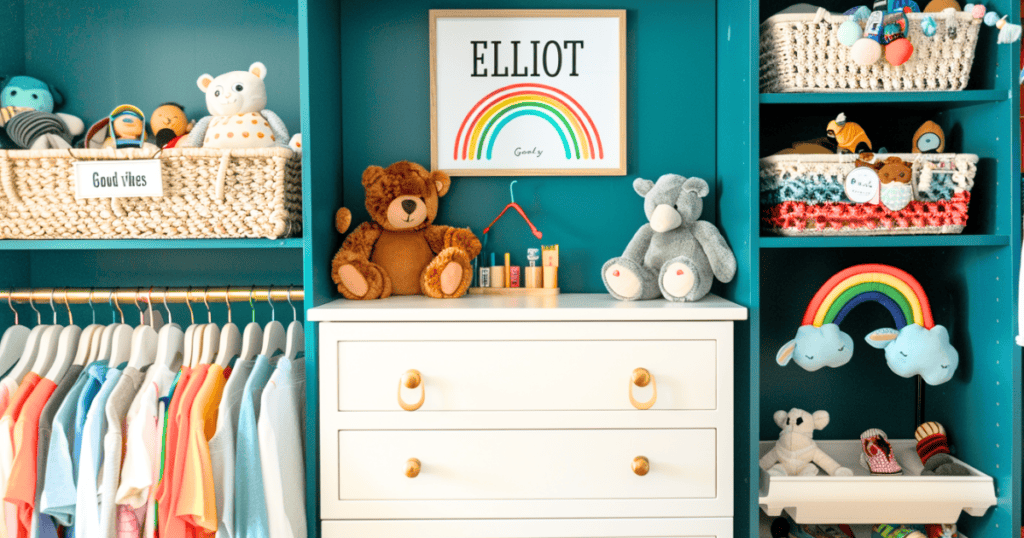 Green closet with teddy bears and a picture on the wall behind the dresser