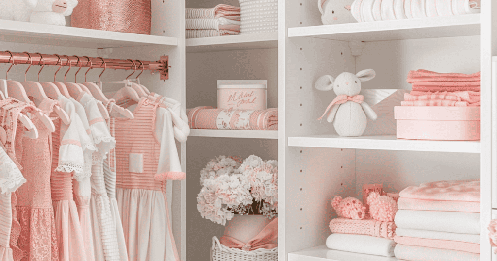 White shelves with pink baby accessories in a closet