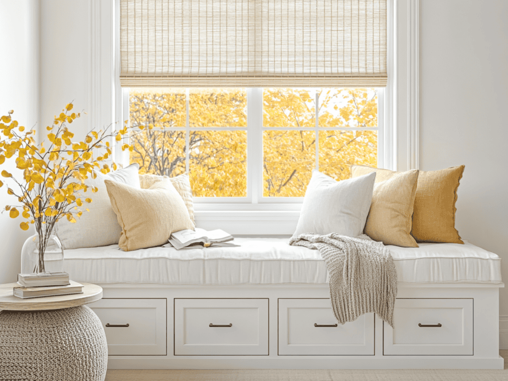 reading nook with pillows, blankets, and books