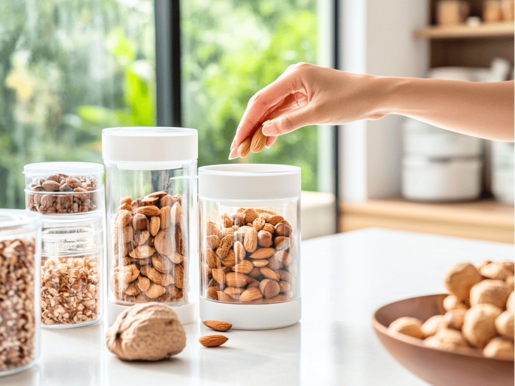 Woman refilling food containers on her kitchen counter