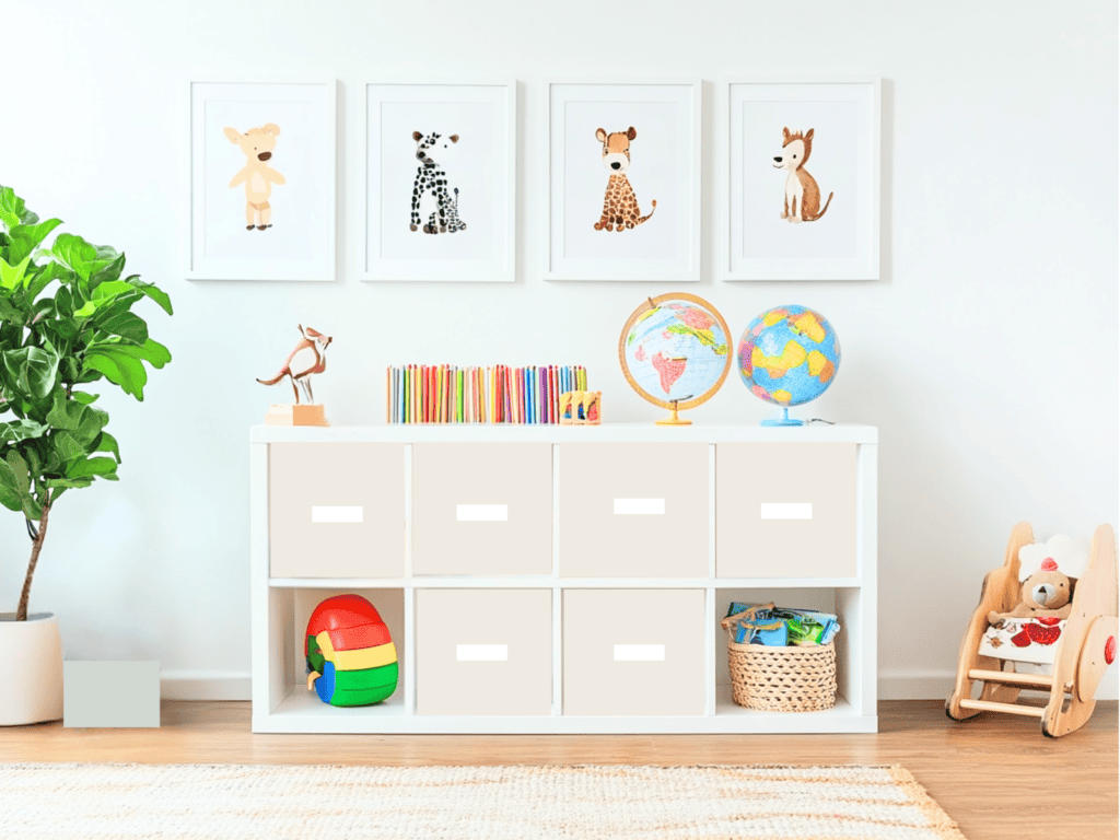 Book shelf with bins and baskets of toys