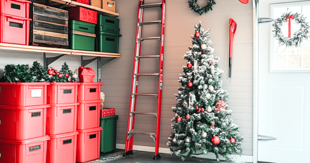 A christmas tree and red storage totes on shelves in a garage