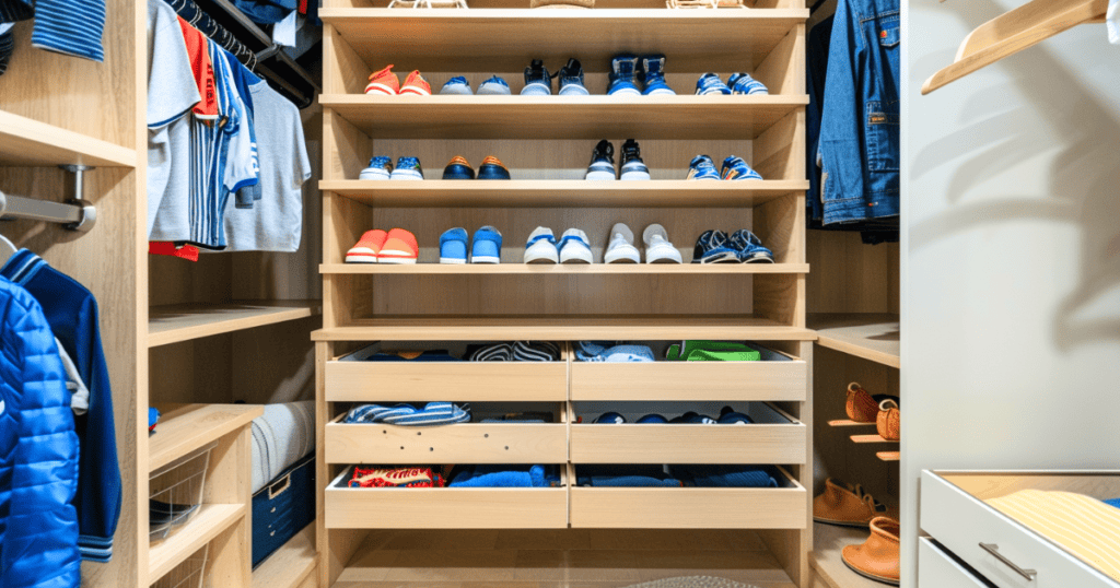 Three shelves holding kids shoes and three drawers below them