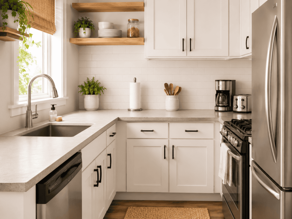 Small white kitchen with open shelving and a coffee pot and toaster on the counter.