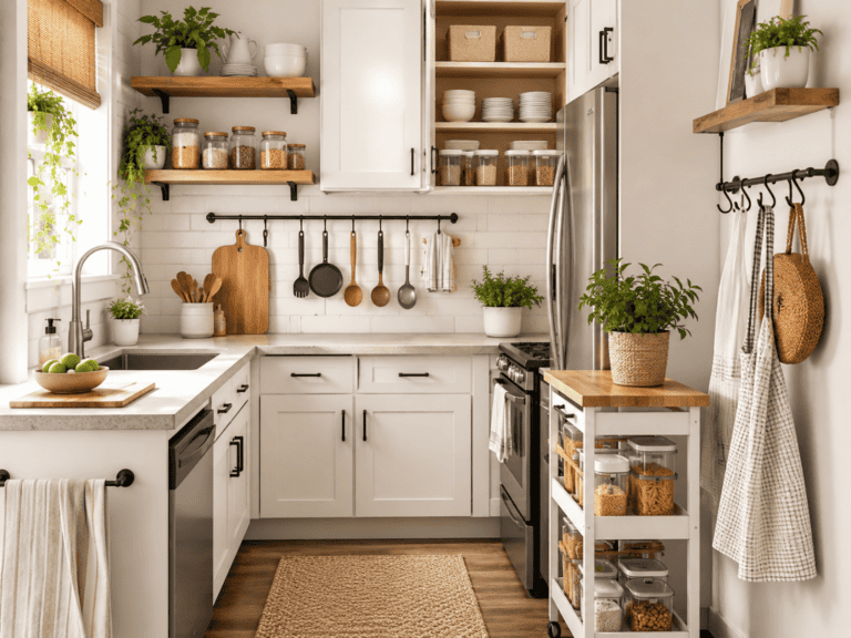 Small white kitchen with a rolling cart, shelves, baskets, and utensils hanging on the wall.