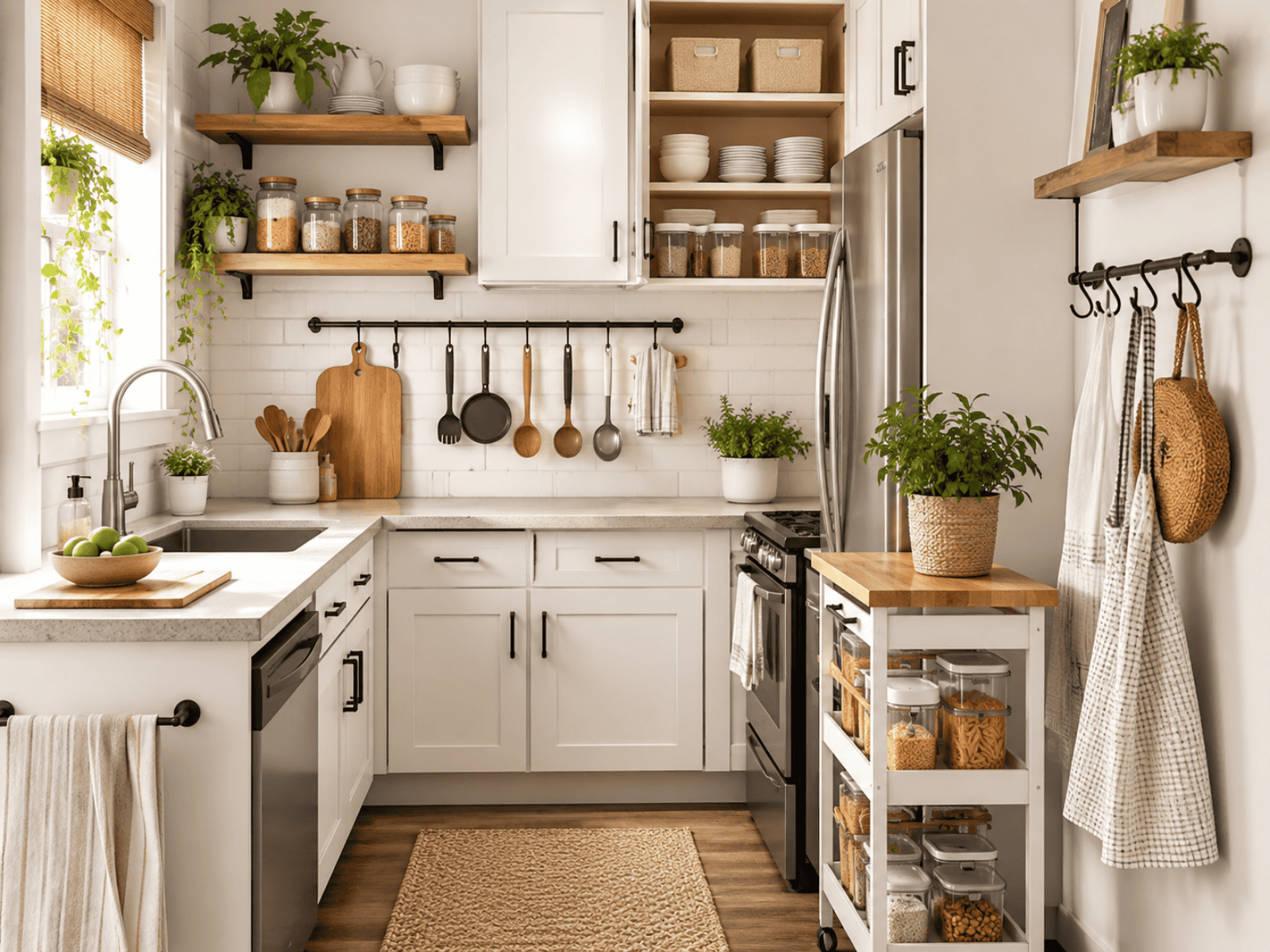 Small white kitchen with a rolling cart, shelves, baskets, and utensils hanging on the wall.
