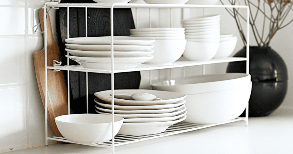 white stackable shelves holding white dishes