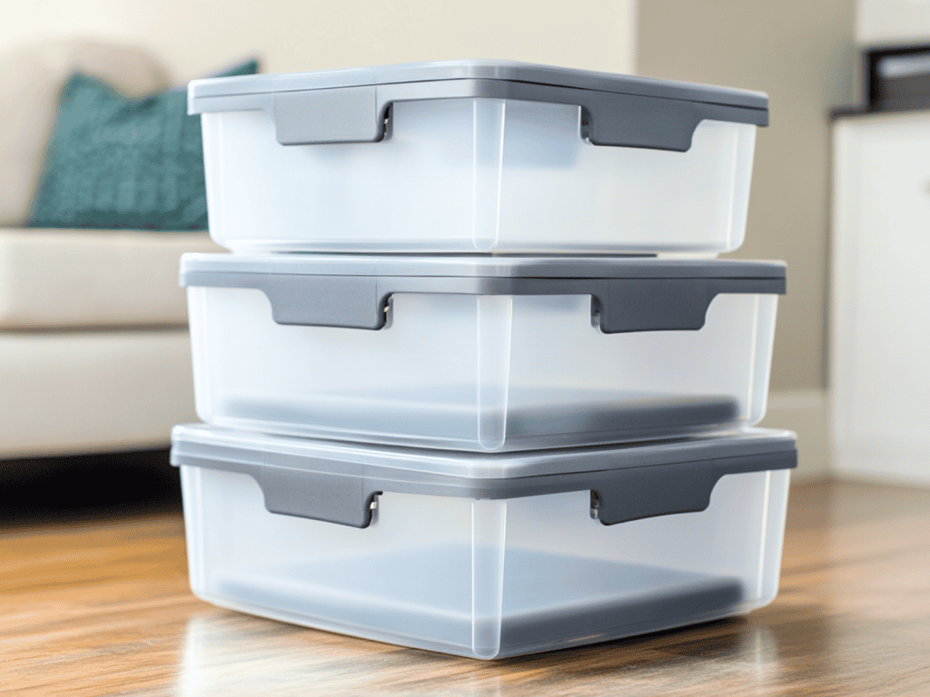 Stackable storage containers that are clear with gray lids