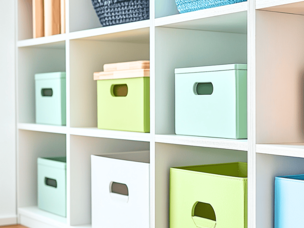 White cube shelves with pastel colored storage baskets on them