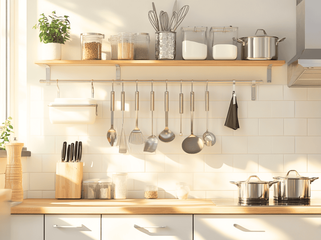 Spices on a shelf with a rod below for utensils