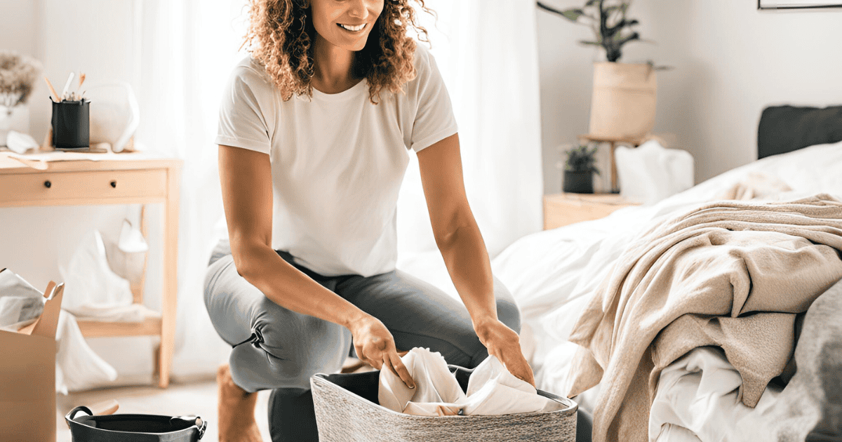 Woman filling a box with clutter from her bedroom