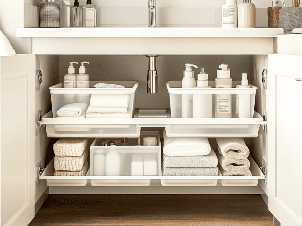 Under sink storage baskets in a bathroom