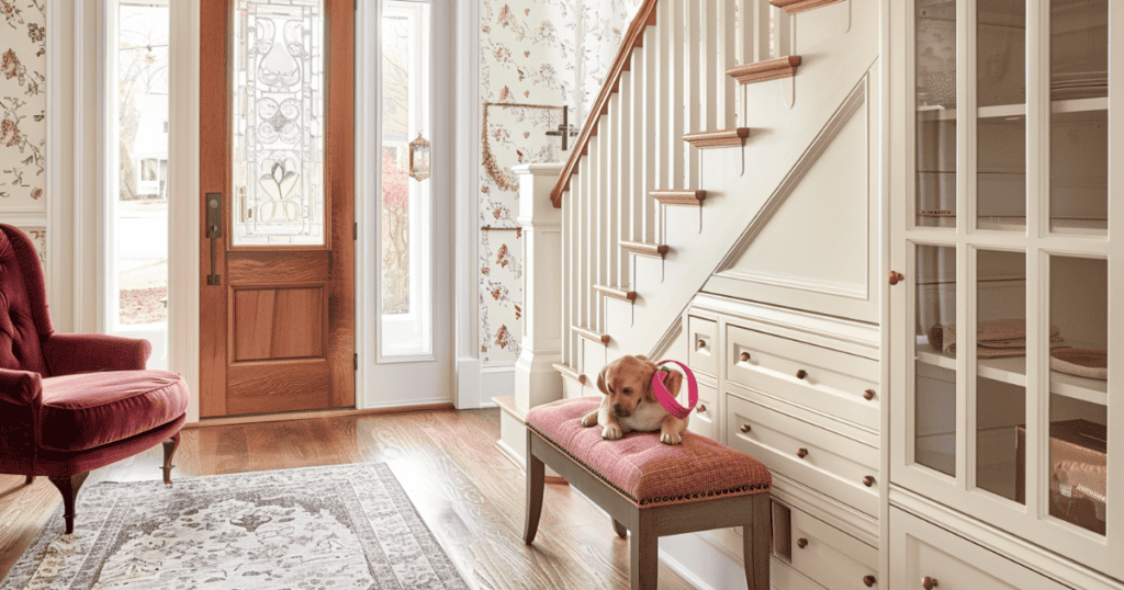 White built in storage drawers under stairs with a pink bench beside them