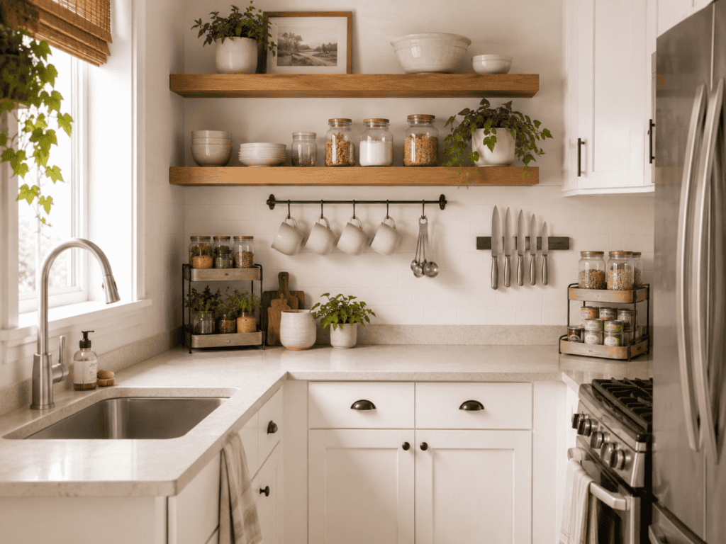Open shelves in a kitchen and a bar with hanging mugs. Stacked spice shelves on a kitchen countertop.