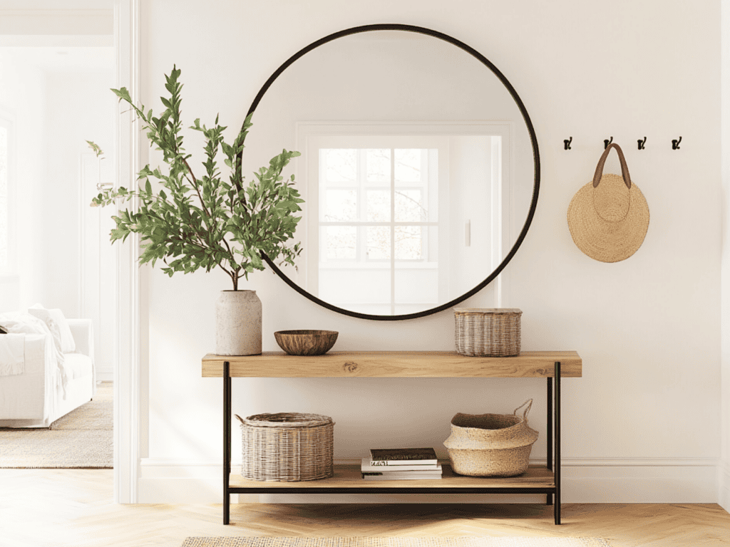 An entryway with hooks on the wall, a mirror, and a table