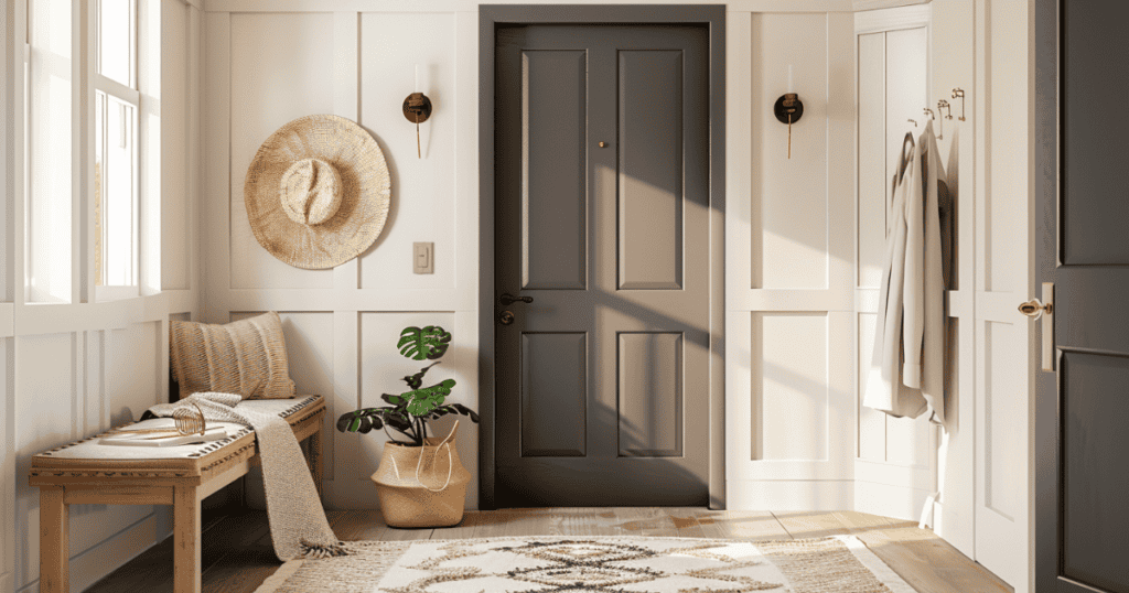 Brown entryway door with wall mounted hooks and basket beside it