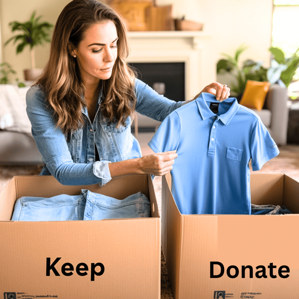 Woman looking at clothes, she has two boxes in front of her labeled keep and donate