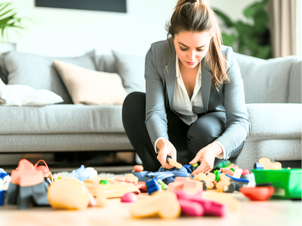 Woman picking up toys off of the living room floor