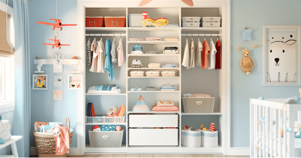 White closet with hanging clothes and clothes in baskets with airplanes hanging from ceiling