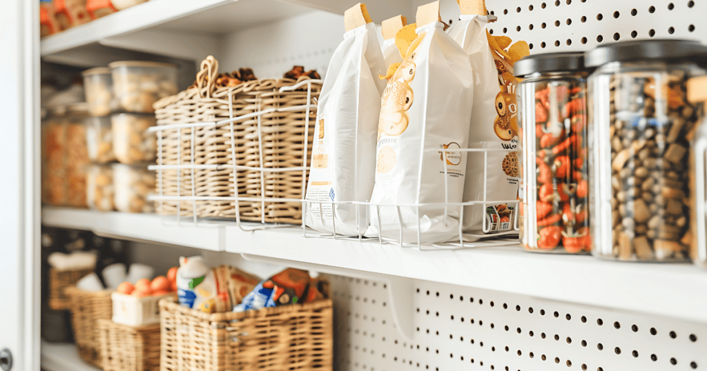 baskets and jars on pantry shelves