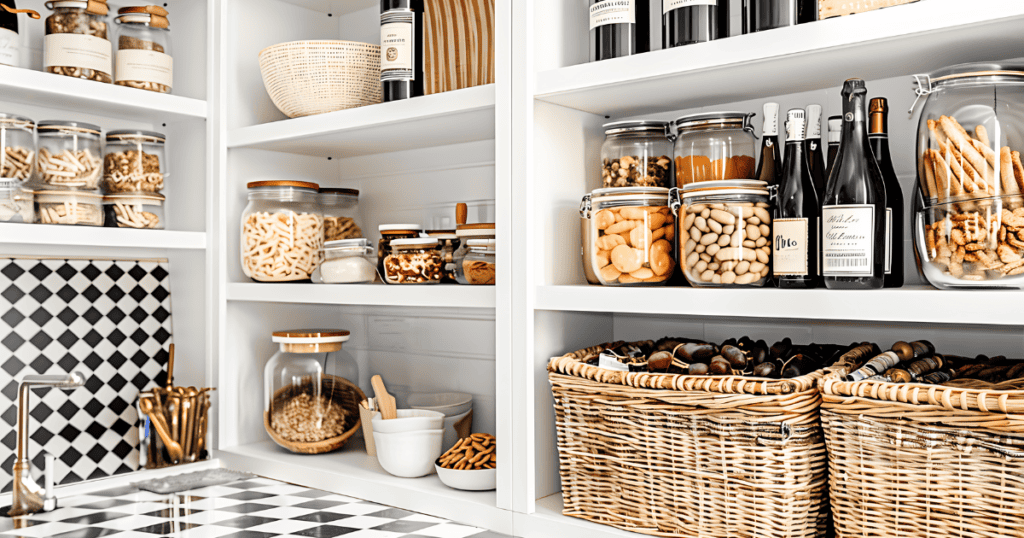 black white pantry with jars on white shelves