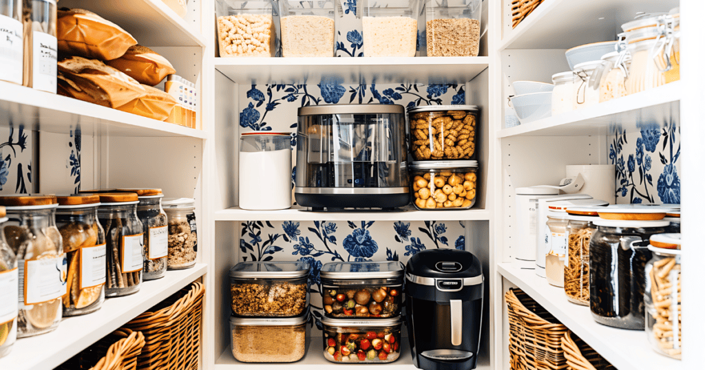 white shelves with blue wallpaper holding clear containers