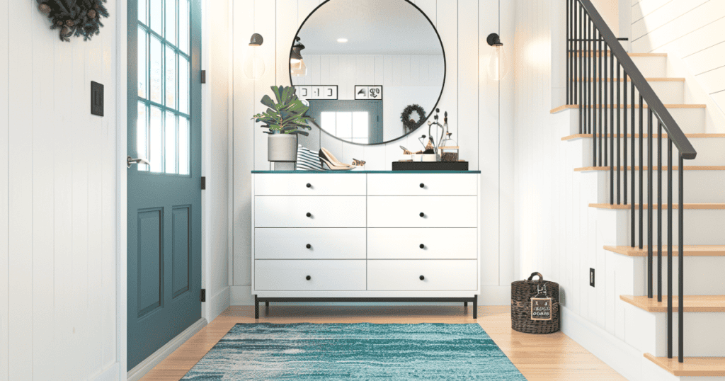 Entryway with white drawers and a mirror