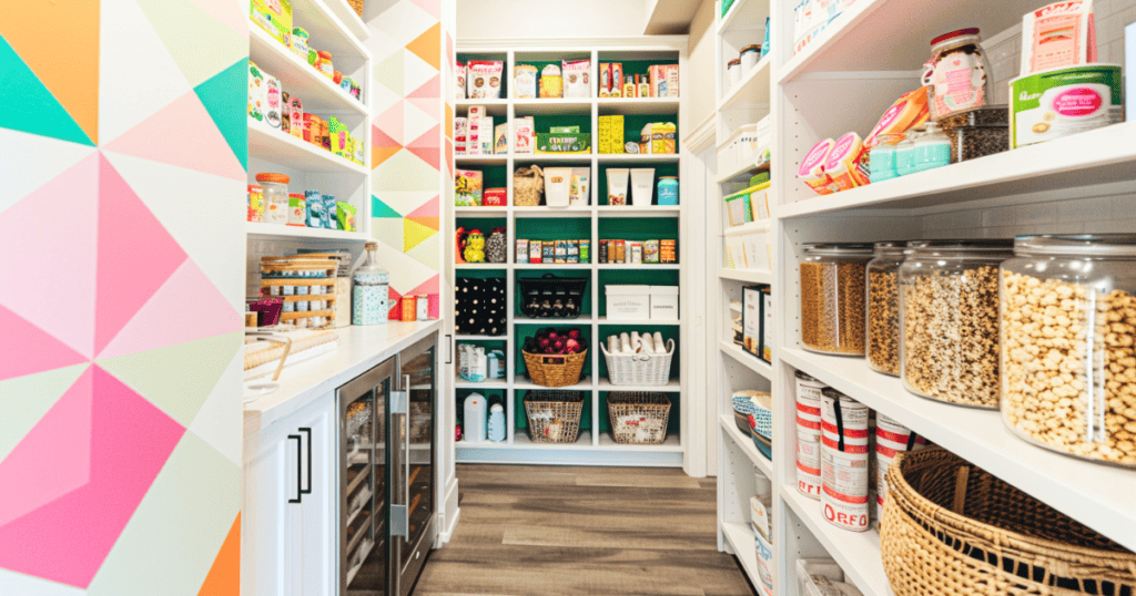 bright white shelves with pops of color on the wall and food on the shelves