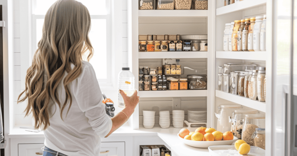 woman cleaning her white kitchen pantry