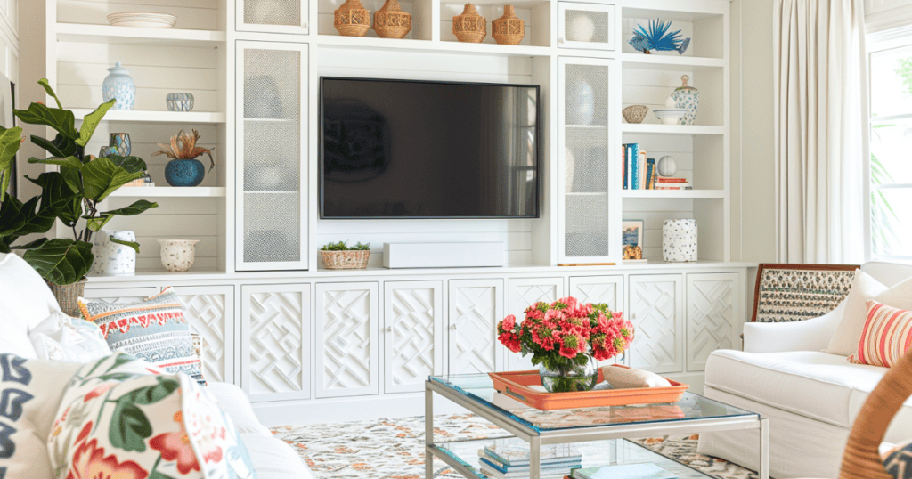 Coastal living room with organized shelves beside the tv