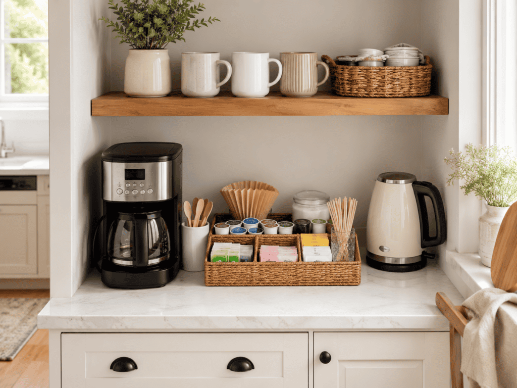 A coffee pot and mugs along with coffee creamers sitting together on a kitchen countertop.