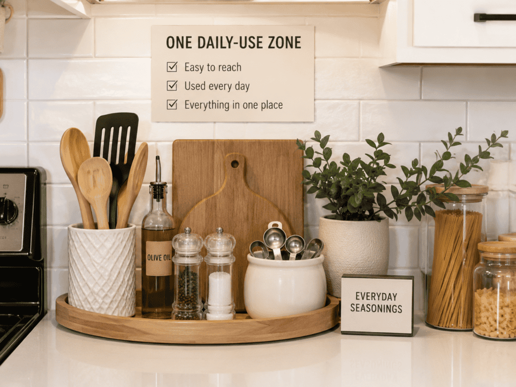 Items used for daily cooking setting on the kitchen counter close to the stove.