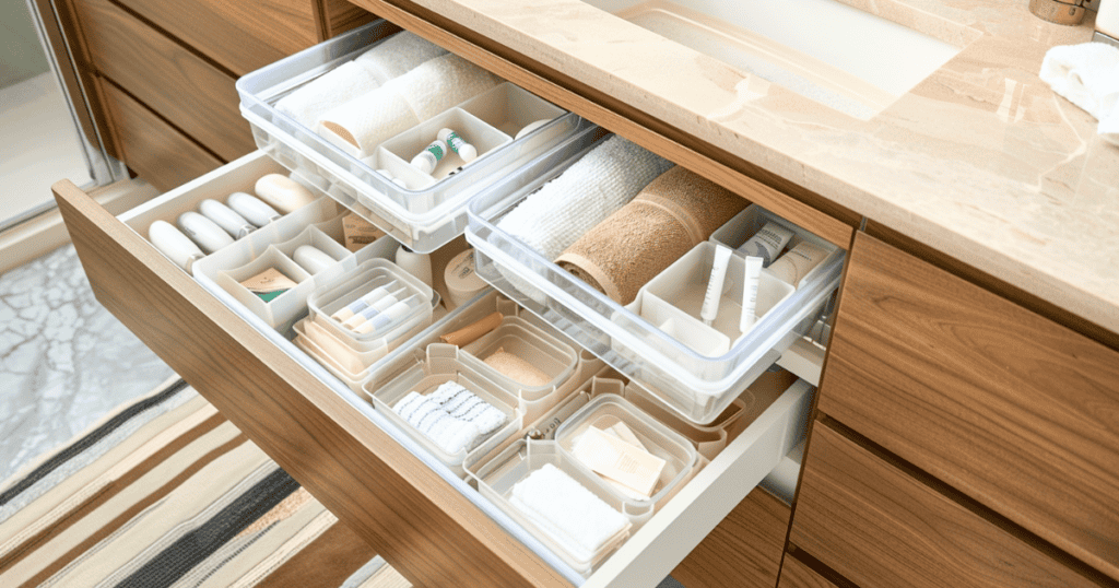 bathroom drawers containing white organization containers and bathroom supplies