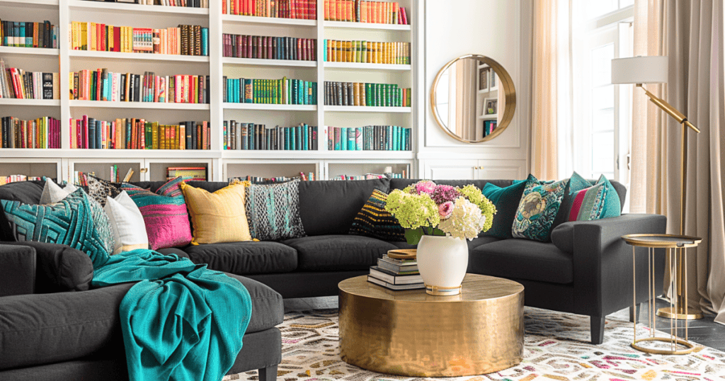 Books organized by color on a bookshelf behind a black couch