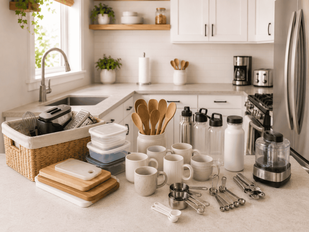 Duplicate kitchen items such as spatulas, cutting boards, and water bottles on a kitchen counter.