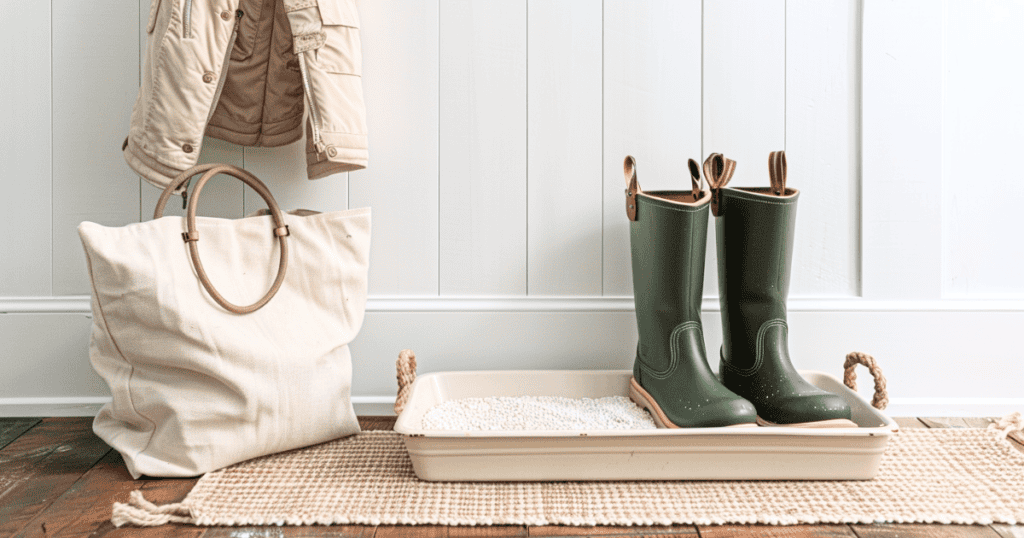 White boot tray with green boots on it