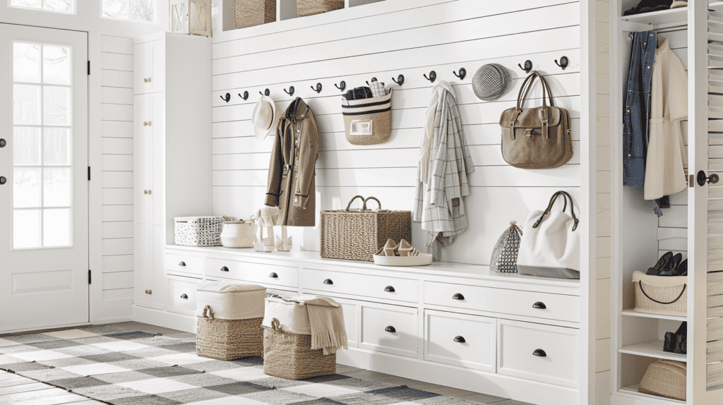 White entryway with a black and white checkered rug