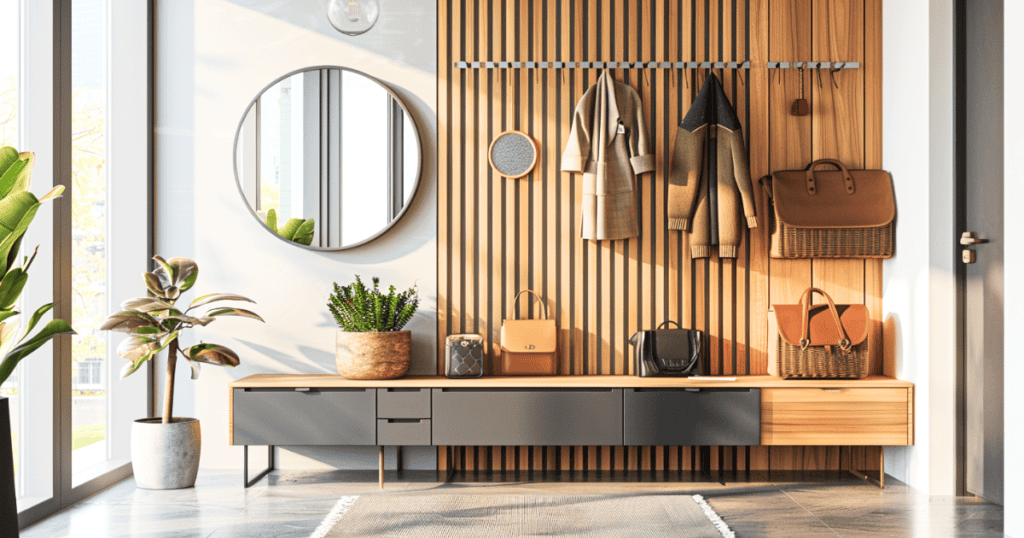 Entryway wall unit with wooden slats, a bench, wall hooks, and a mirror