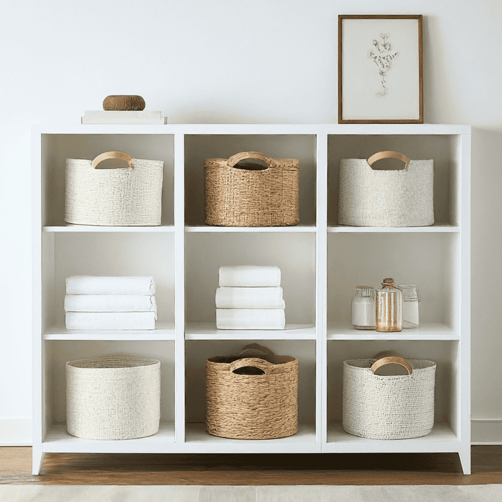 white shelf with storage baskets