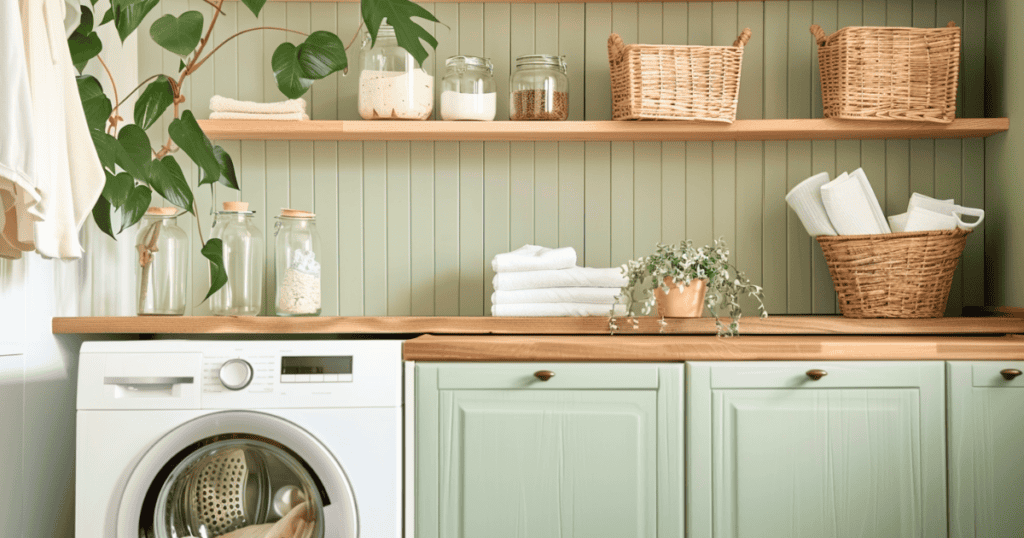 clean and organized green laundry room with two shelves above washer