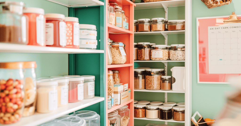 a green, pink, and white pantry with jars on the shelves