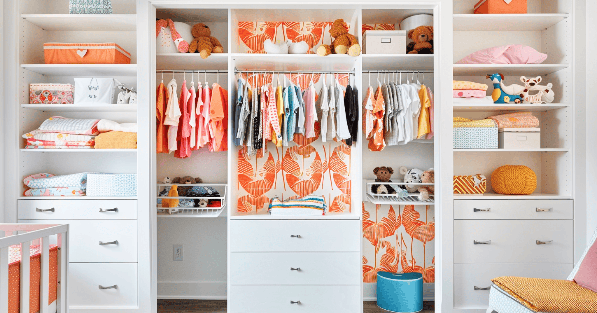 White kids closet with orange wallpaper and kids clothes hanging up