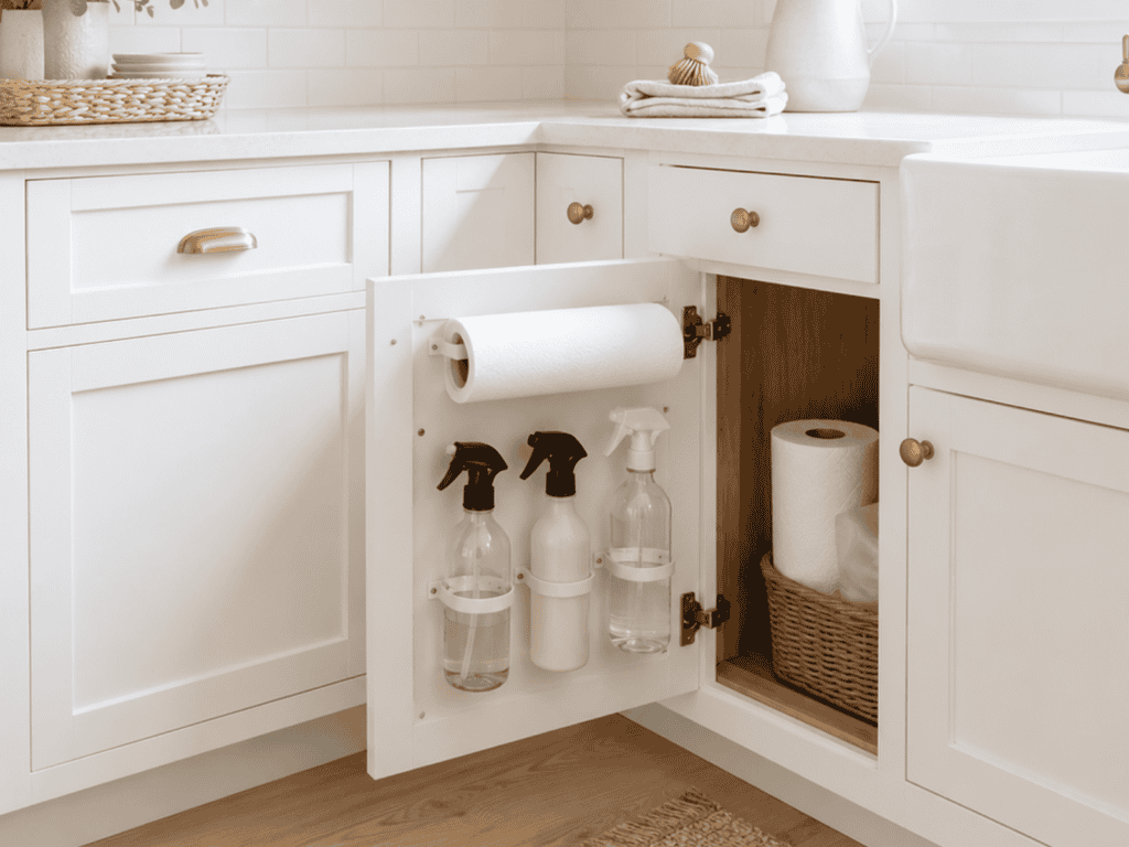 Spray bottles and paper towels hanging on the inside of a kitchen cabinet door.